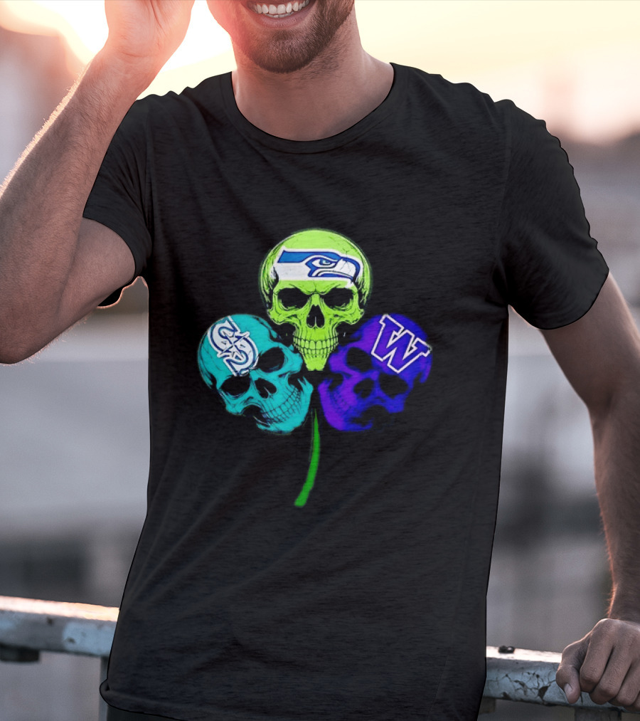 Seattle Seahawks Mariners Washington Huskies Shamrock Skulls T-Shirt
