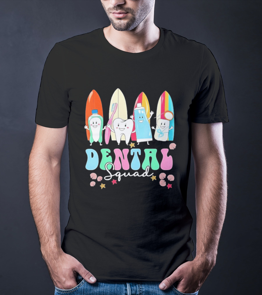 Dental Squad Toothpaste Toothbrush Floss Surfboards Fun Playful T-Shirt