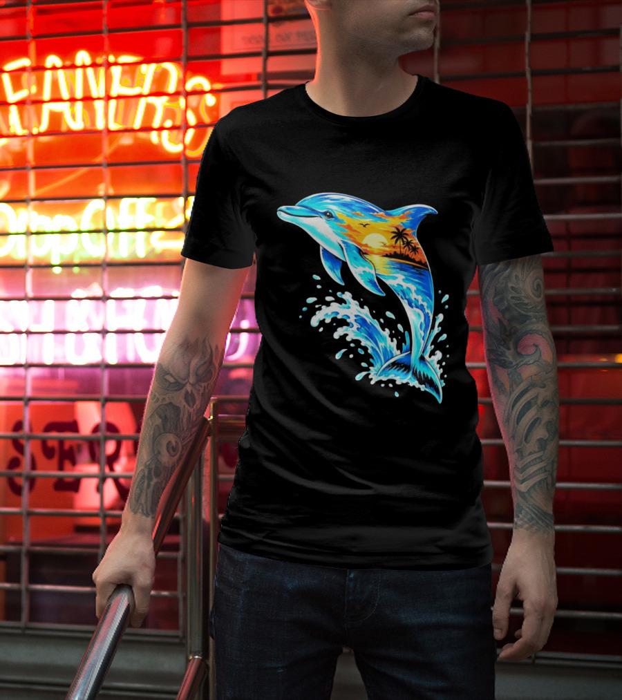 Tropical Sunset Dolphin Ocean Wave Marine Life Scene T-Shirt