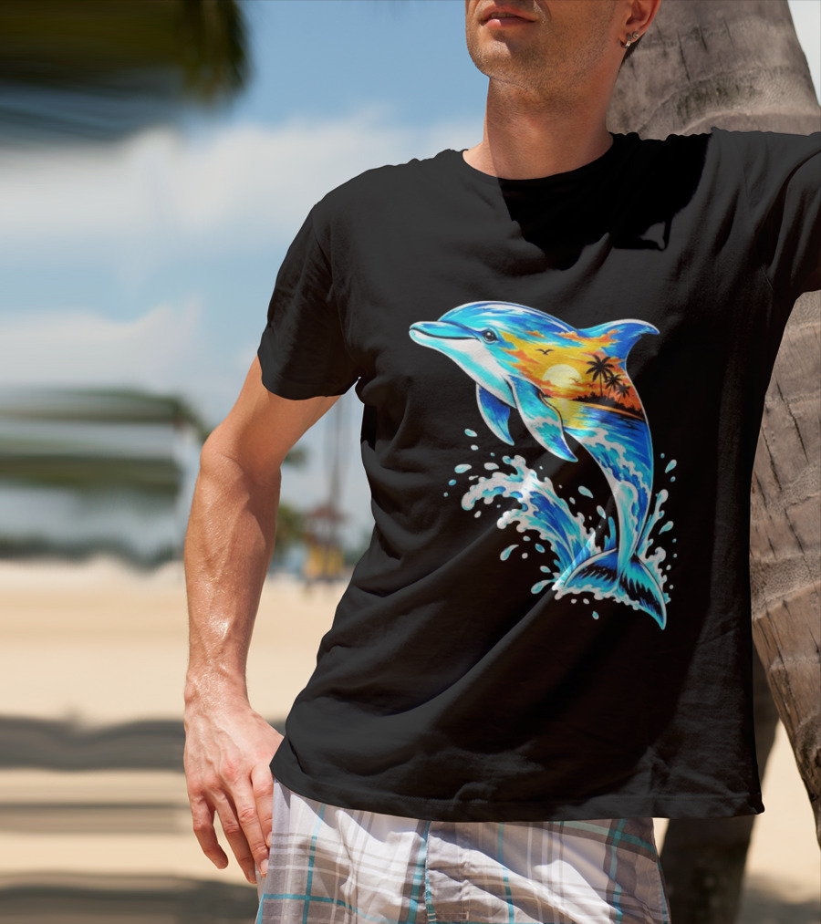 Tropical Sunset Dolphin Ocean Wave Marine Life Scene T-Shirt