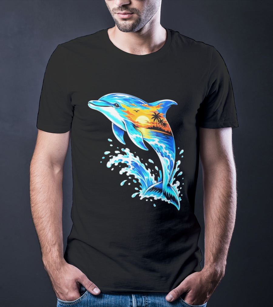 Tropical Sunset Dolphin Ocean Wave Marine Life Scene T-Shirt