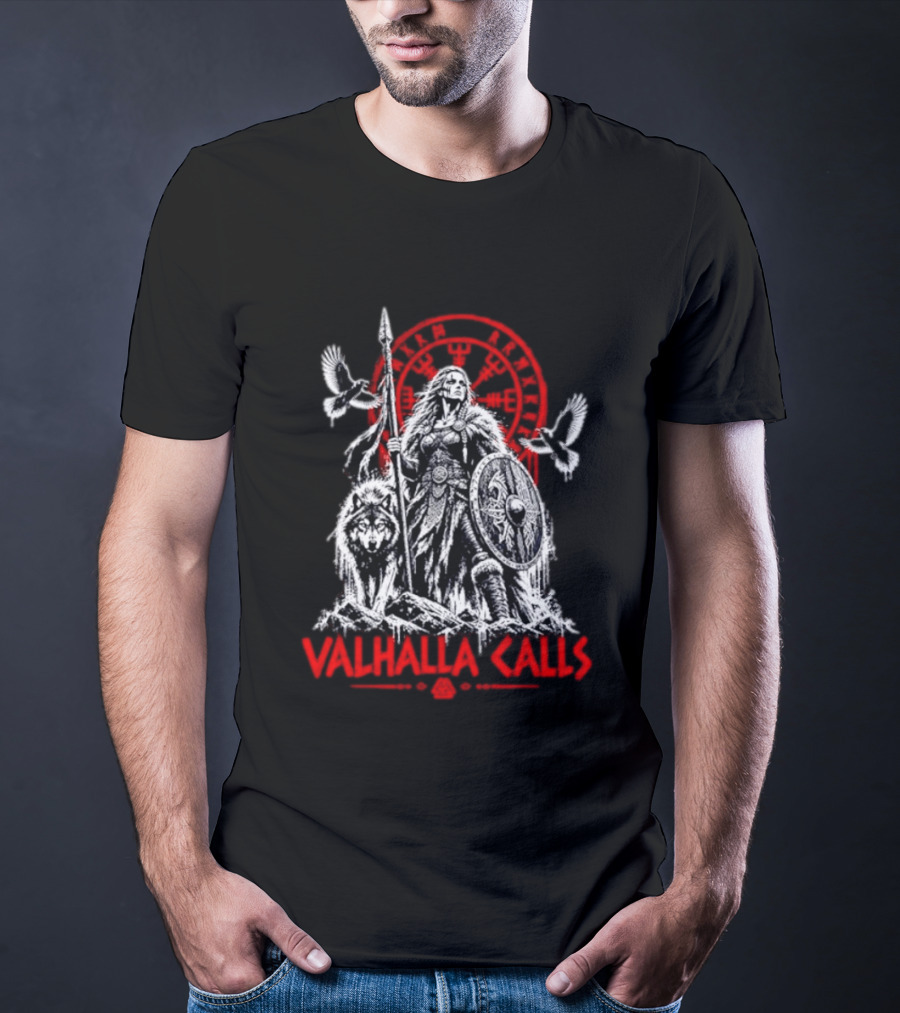 Valhalla Calls Viking Warrior With Wolf Ravens Spear Shield Nordic Rune Wheel T-Shirt