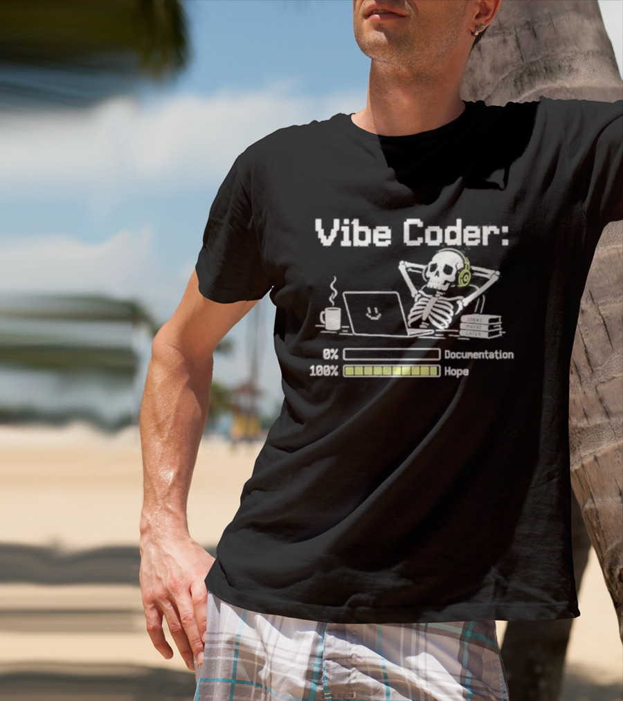 Vibe Coder Skeleton Headphones 0% Documentation 100% Hope T-Shirt