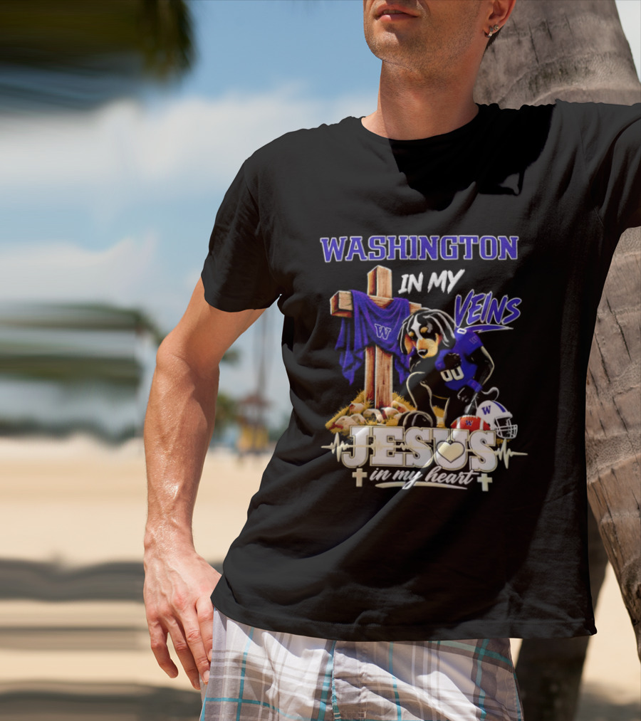 Washington Huskies Football Jesus In My Heart Dog In My Veins Faith T-Shirt
