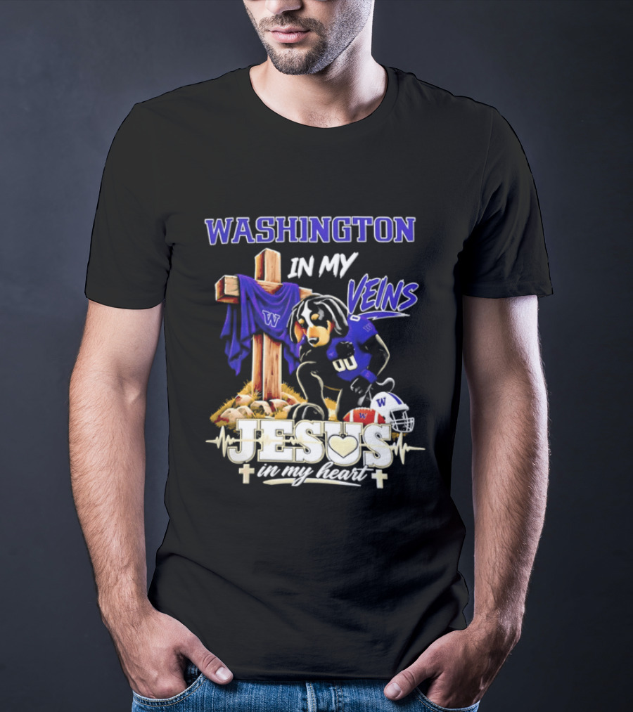 Washington Huskies Football Jesus In My Heart Dog In My Veins Faith T-Shirt