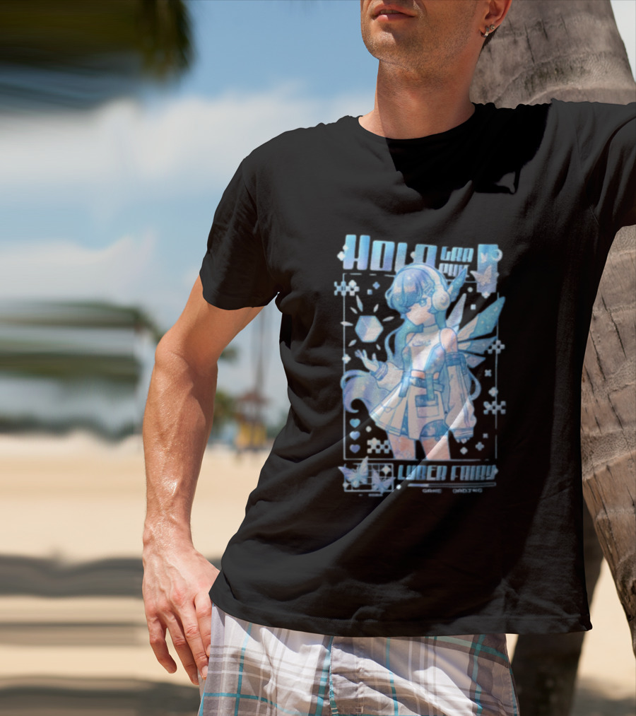 Holographic Cyber Fairy Game Loading Anime Girl Headphones Wings Butterflies Cube T-Shirt