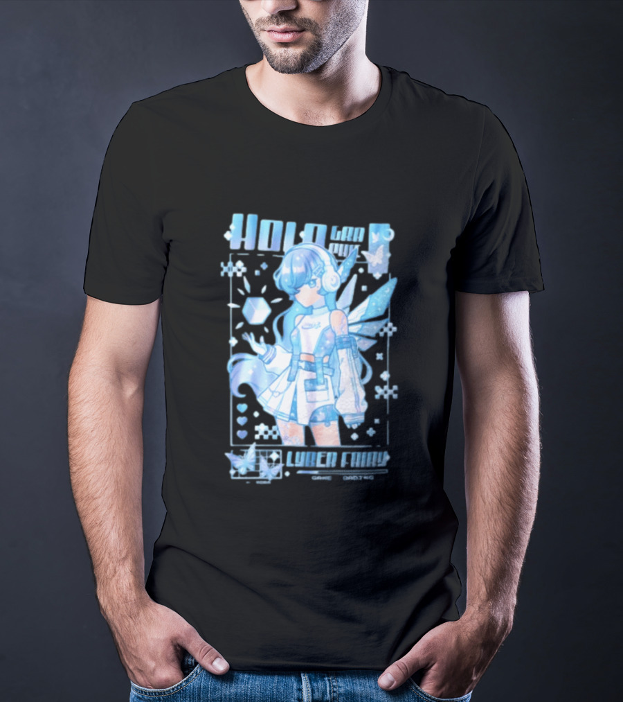 Holographic Cyber Fairy Game Loading Anime Girl Headphones Wings Butterflies Cube T-Shirt
