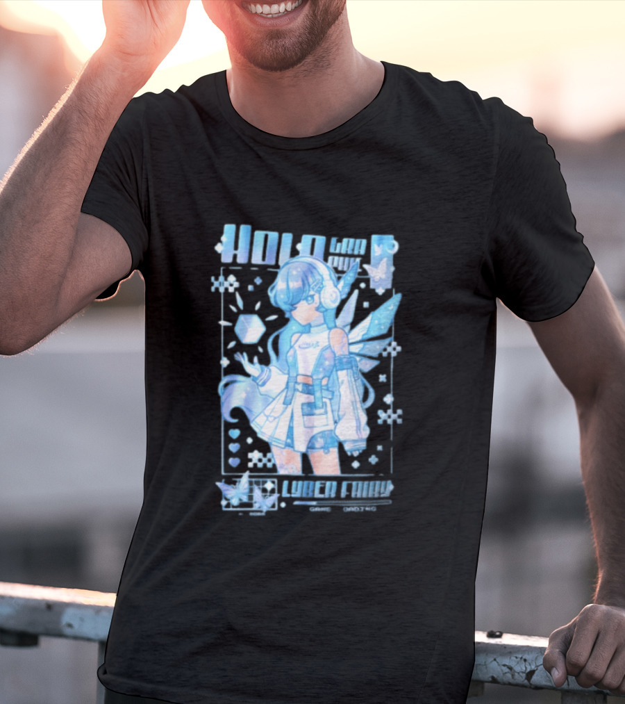 Holographic Cyber Fairy Game Loading Anime Girl Headphones Wings Butterflies Cube T-Shirt