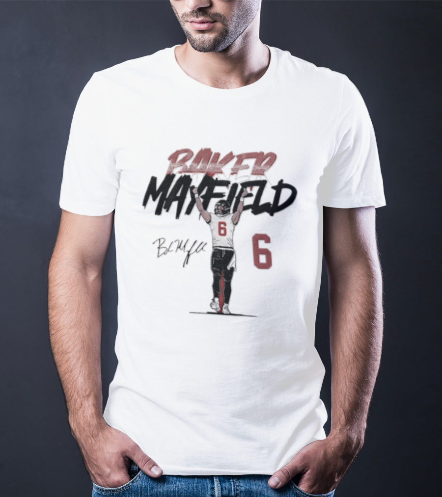 Baker Mayfield Buccaneers 6 Football Player Signature Arms Raised T-Shirt
