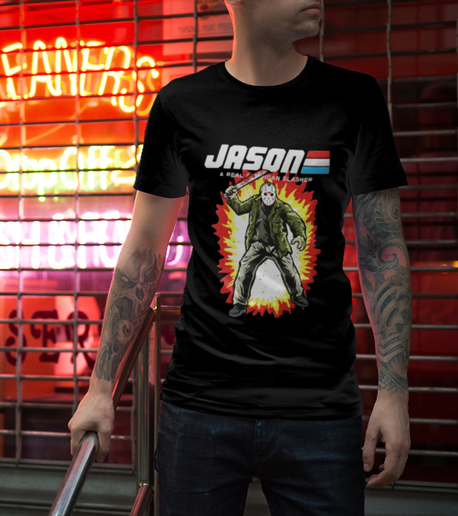 Jason A Real American Slasher Hockey Mask Machete Man Explosion T-Shirt