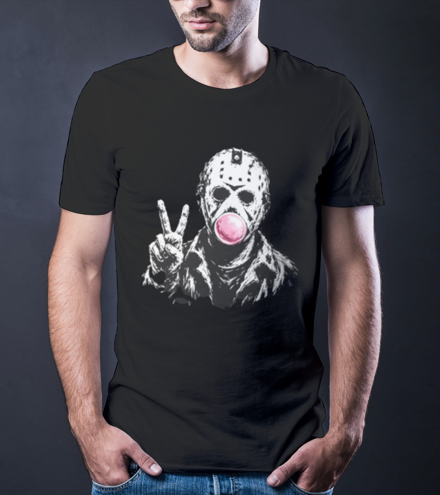 Jason Voorhees Hockey Mask Peace Sign Bubble Gum T-Shirt