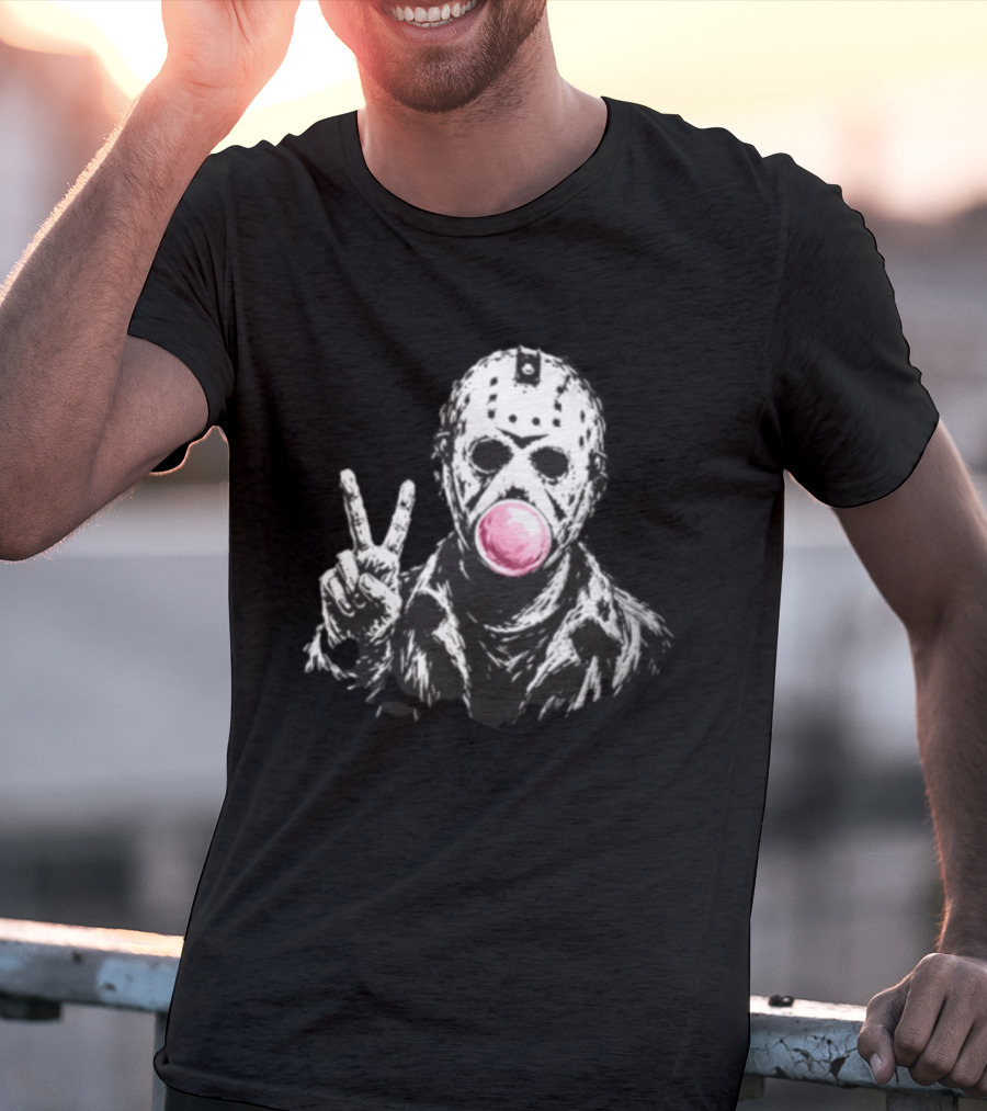 Jason Voorhees Hockey Mask Peace Sign Bubble Gum T-Shirt