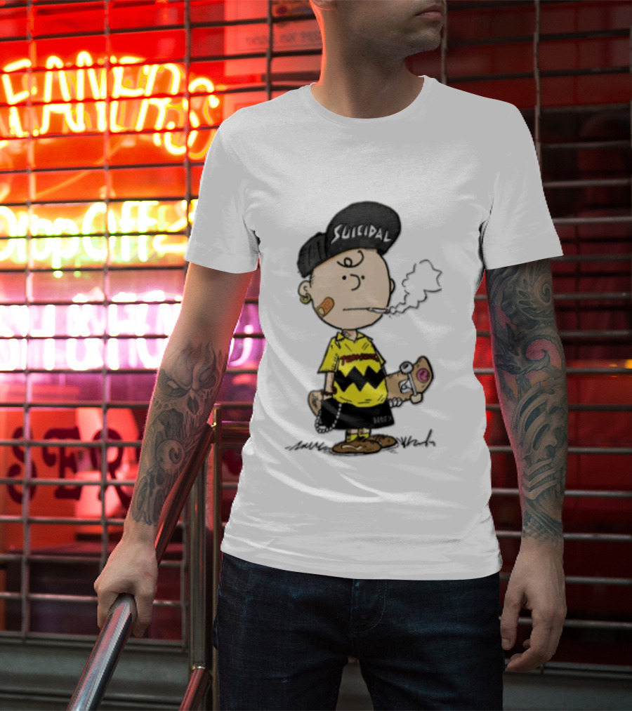Charlie Brown Cartoon Boy Smoking Skateboard Punk Scumbag Thrasher T-Shirt
