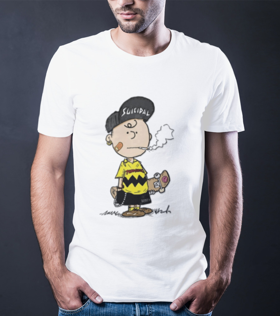 Charlie Brown Cartoon Boy Smoking Skateboard Punk Scumbag Thrasher T-Shirt