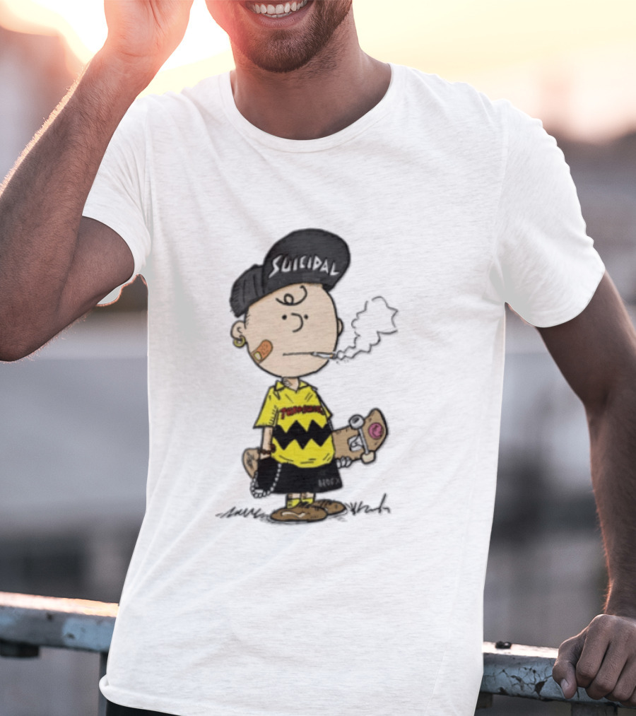 Charlie Brown Cartoon Boy Smoking Skateboard Punk Scumbag Thrasher T-Shirt