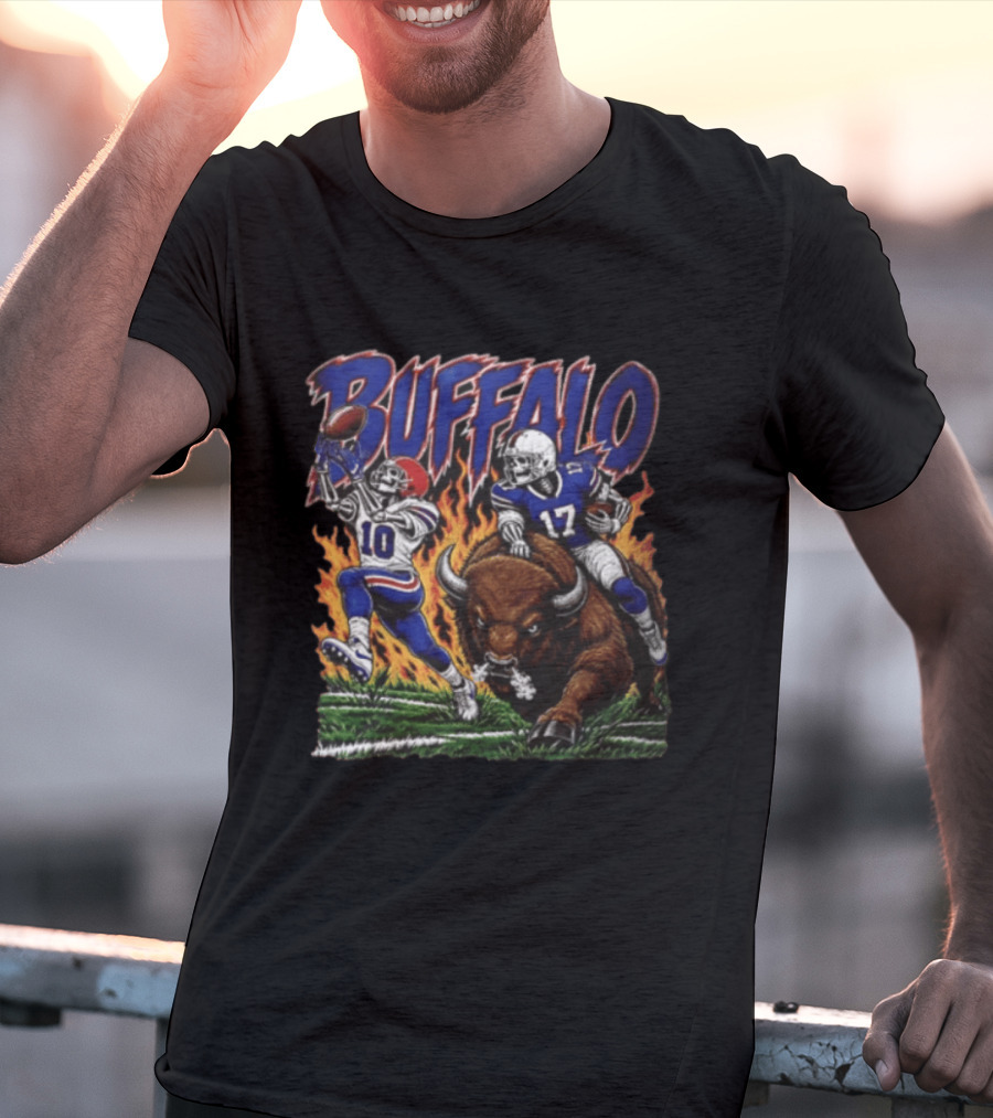Buffalo Bills 17 Skeleton Players Football Charging Bison T-Shirt