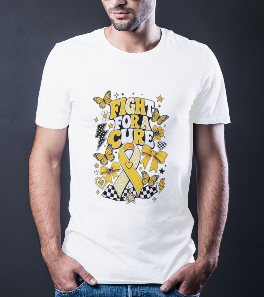 Fight For A Cure Yellow Ribbon Awareness Butterfly And Bow T-Shirt
