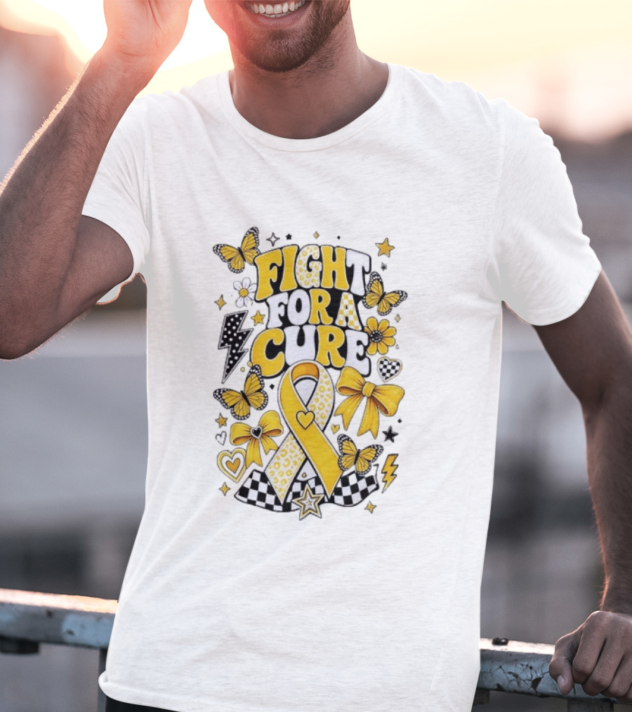 Fight For A Cure Yellow Ribbon Awareness Butterfly And Bow T-Shirt