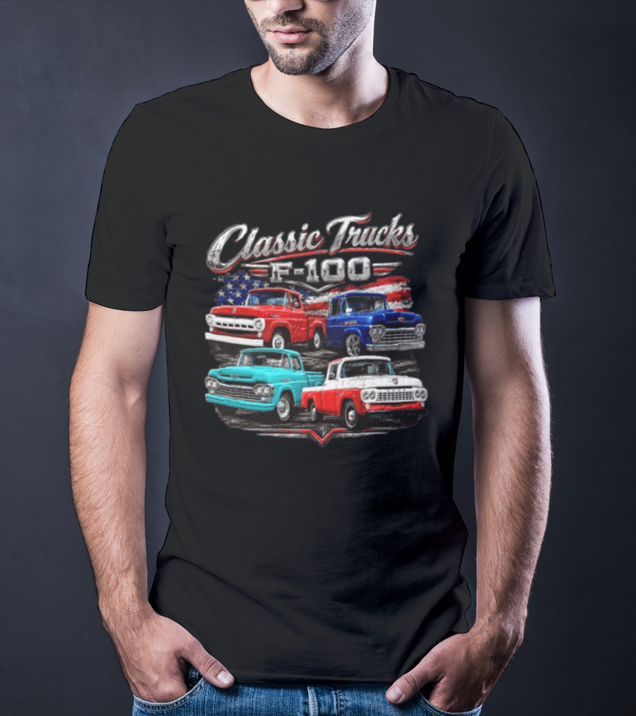 Classic Trucks F 100 Vintage Pickup American Flag T-Shirt
