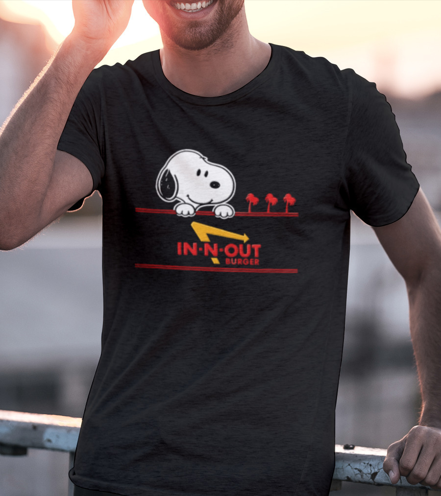Snoopy Peeking Over In N Out Burger Red Lines With Palm Trees T-Shirt
