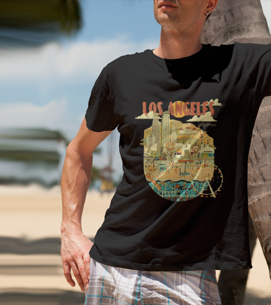 Los Angeles California Skyline Ferris Wheel And Beach Scene T-Shirt
