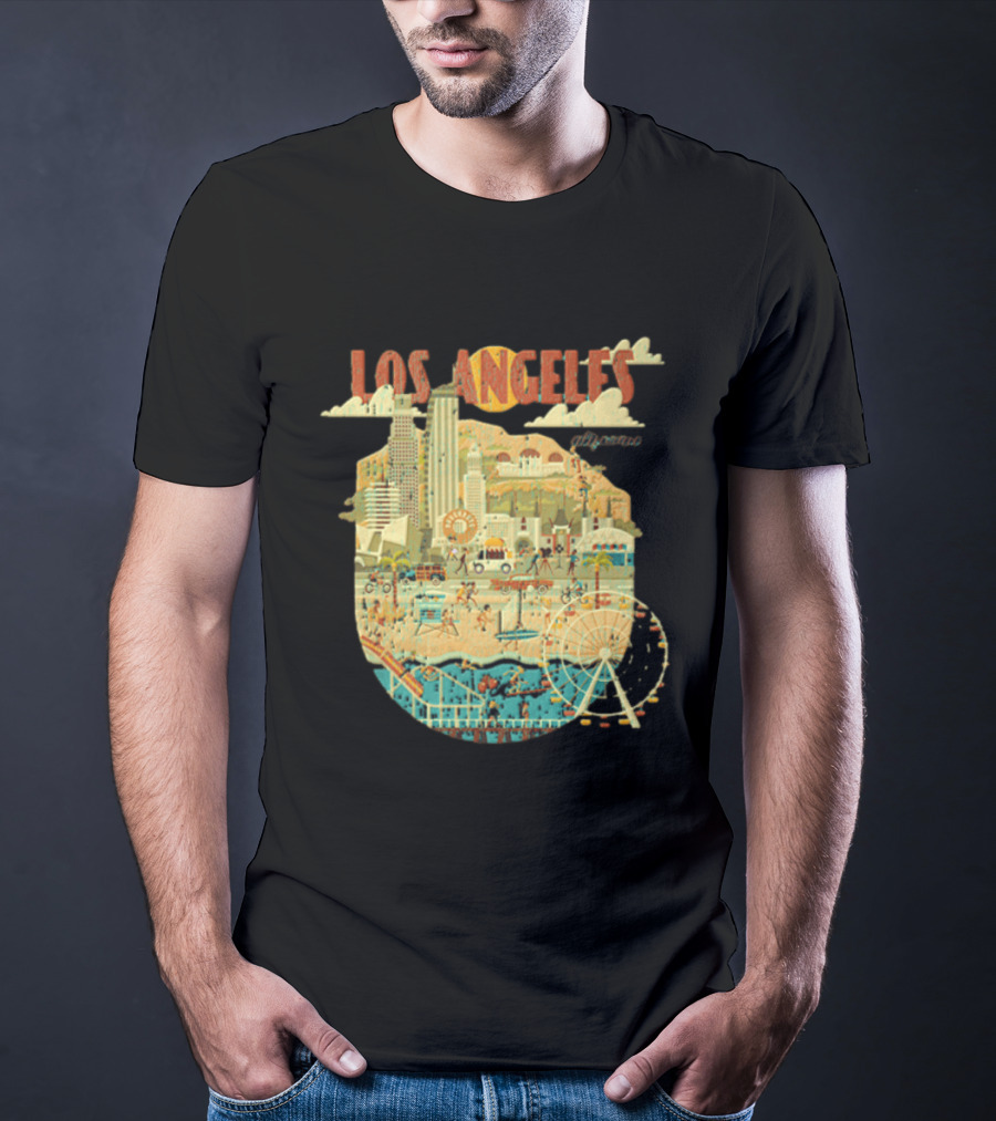 Los Angeles California Skyline Ferris Wheel And Beach Scene T-Shirt