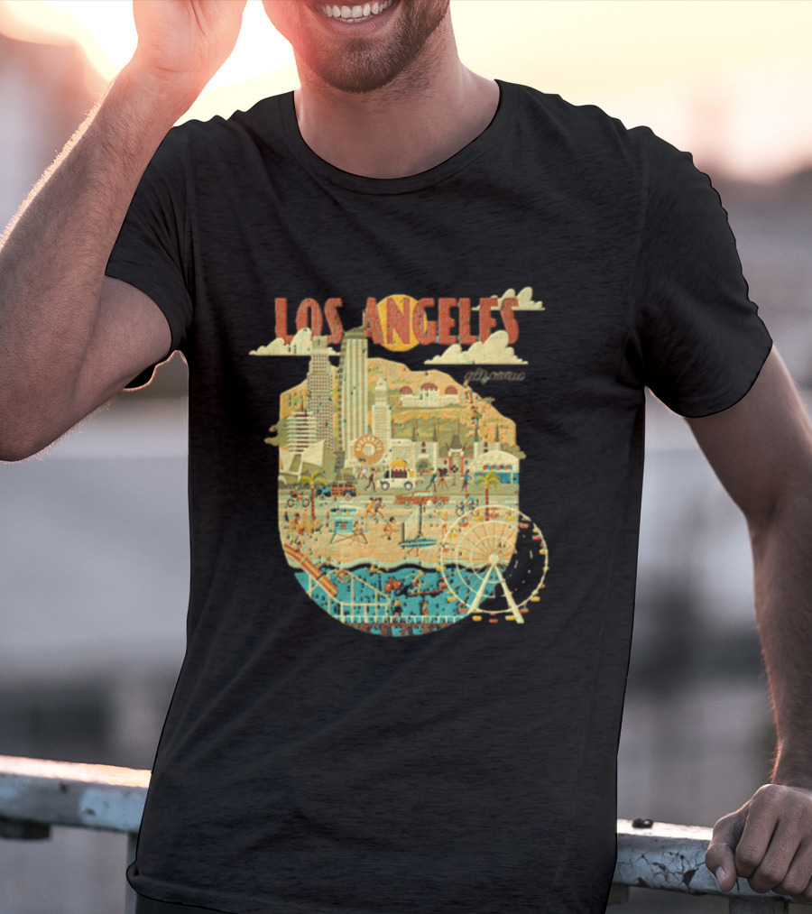 Los Angeles California Skyline Ferris Wheel And Beach Scene T-Shirt