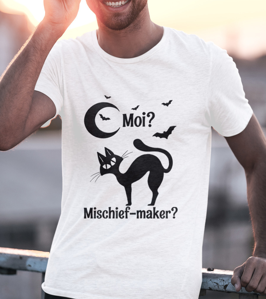 Moi Mischief Maker Black Cat Halloween Moon Bats T-Shirt