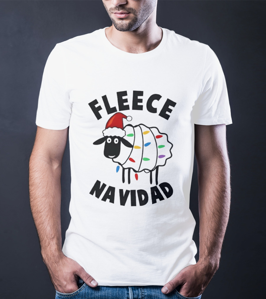 Fleece Navidad Christmas Sheep In Santa Hat With Holiday Lights Pun T-Shirt