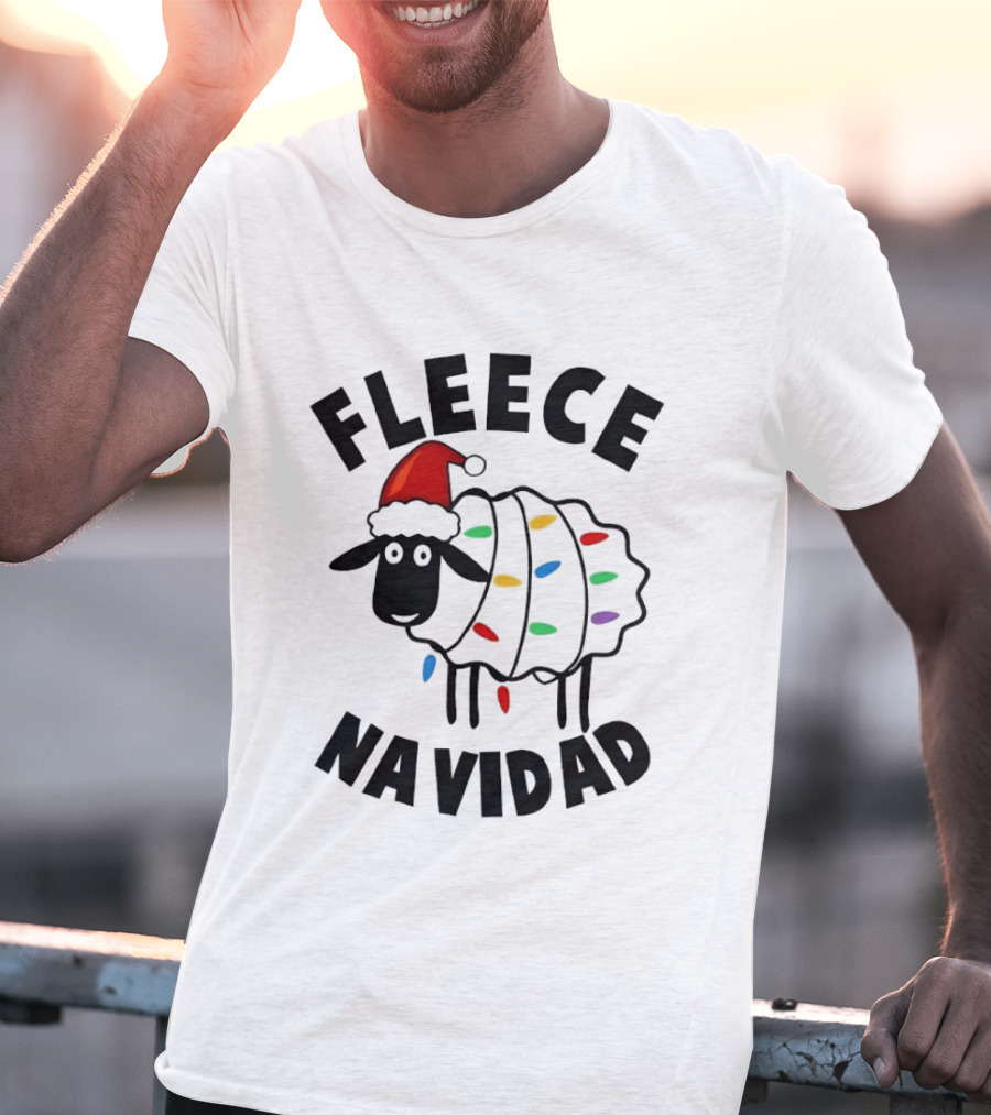 Fleece Navidad Christmas Sheep In Santa Hat With Holiday Lights Pun T-Shirt
