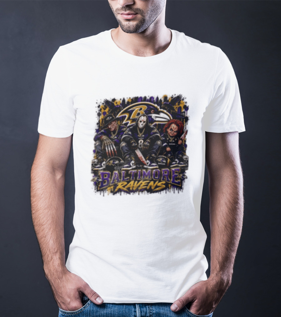 Freddy Krueger Jason Voorhees Chucky Baltimore Ravens Halloween Horror T-Shirt