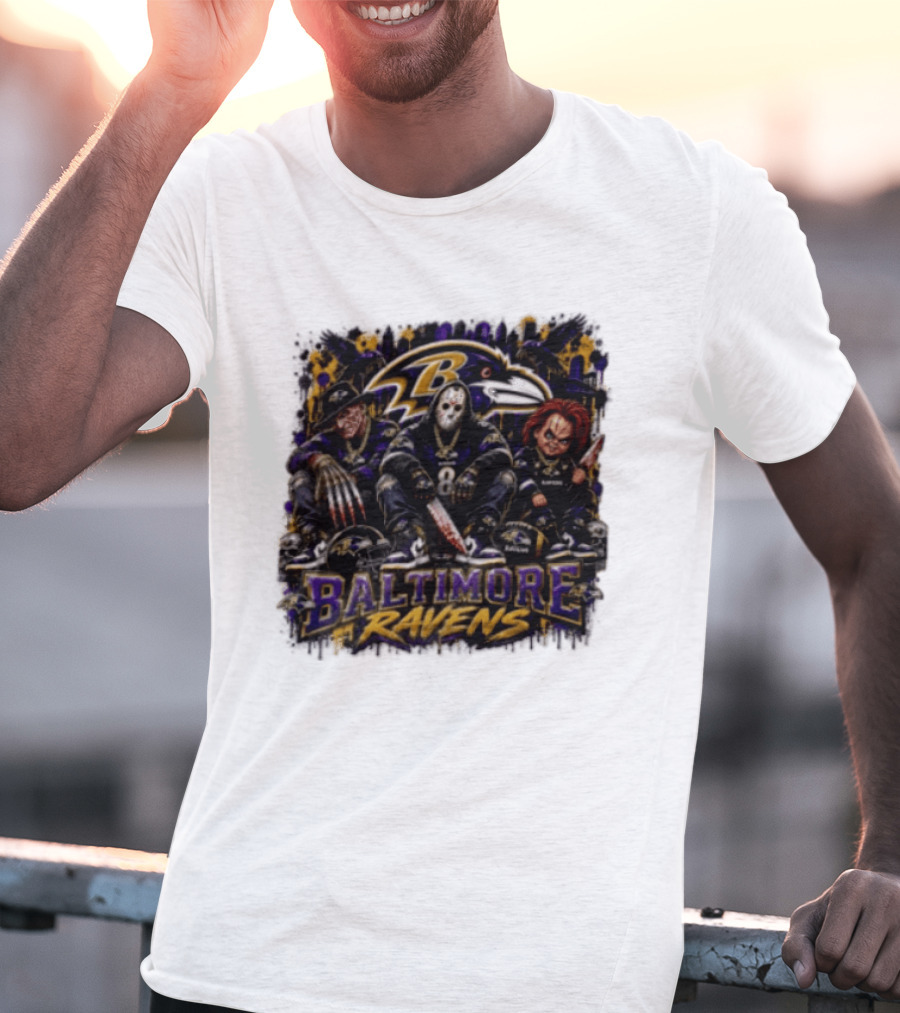 Freddy Krueger Jason Voorhees Chucky Baltimore Ravens Halloween Horror T-Shirt
