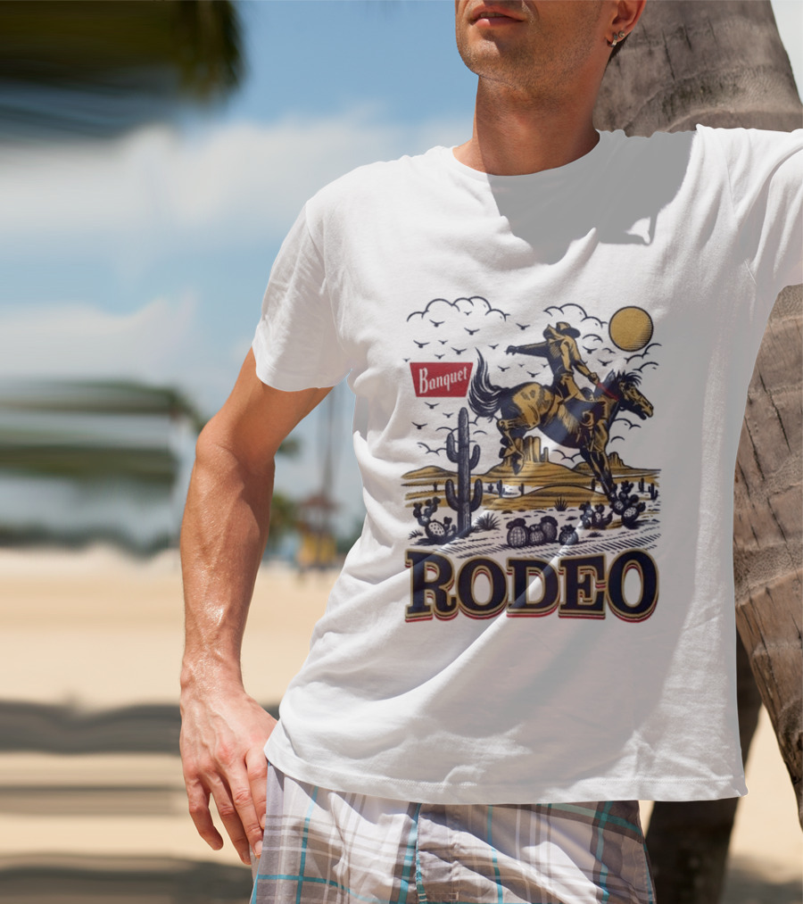 Western Rodeo Cowboy Desert Scene With Cactus And Mountains T-Shirt