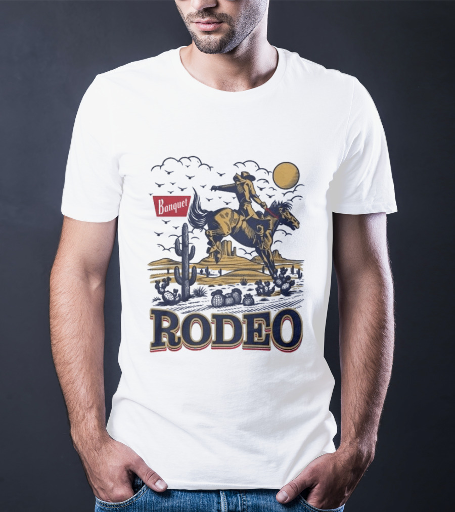 Western Rodeo Cowboy Desert Scene With Cactus And Mountains T-Shirt