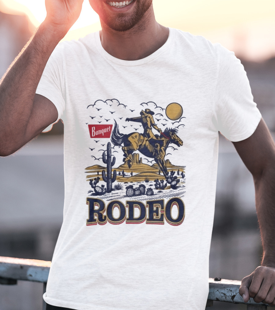 Western Rodeo Cowboy Desert Scene With Cactus And Mountains T-Shirt