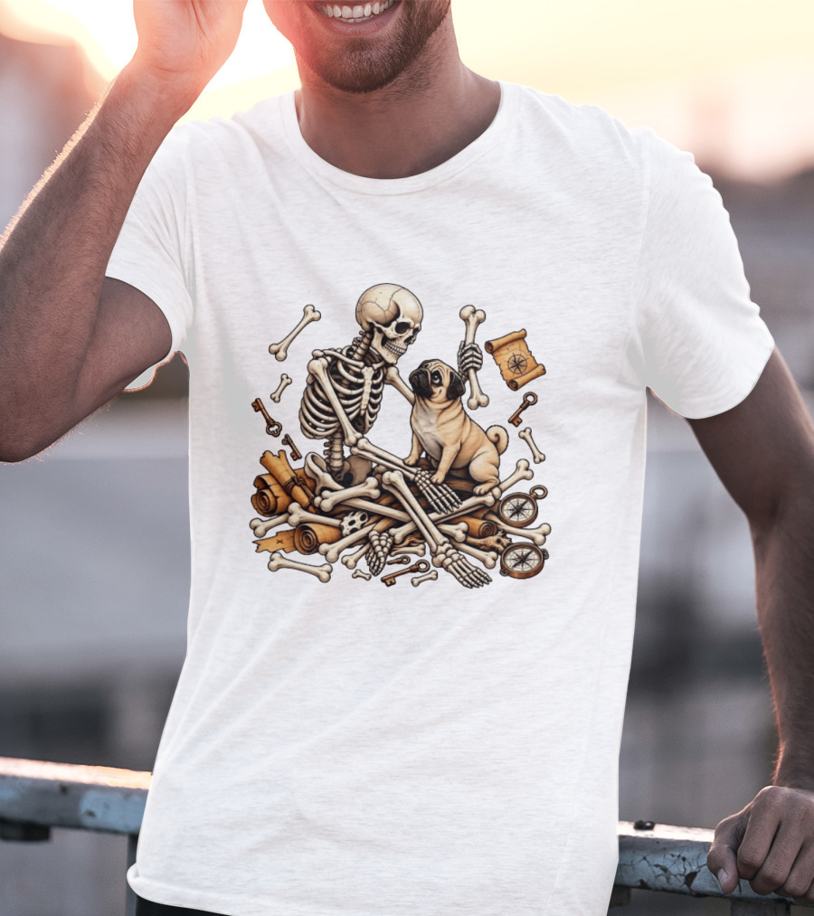 Skeleton Holding Bone With Pug Surrounded By Compass Keys And Treasure Maps T-Shirt