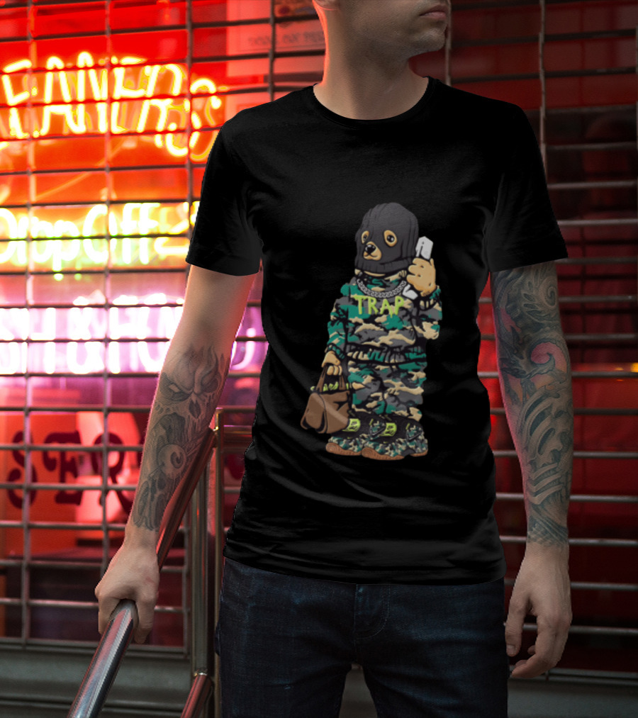 Bear Balaclava Camouflage Trap Outfit With Phone And Bag T-Shirt