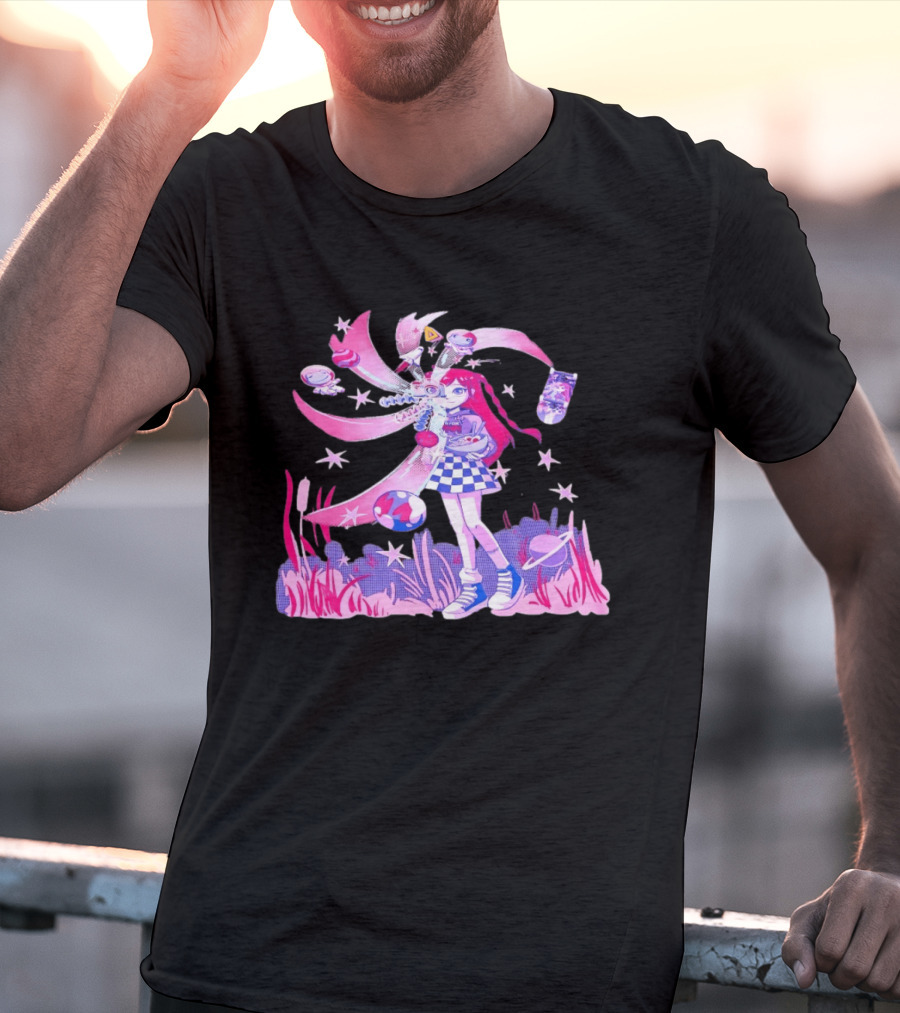 Anime Girl Space Ramen Checkered Skirt Pink Cosmic Stars T-Shirt
