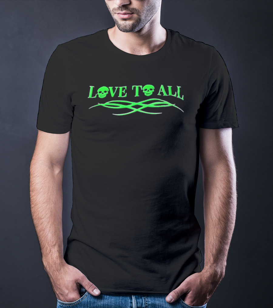 Love TO ALL Green Skulls Tribal Line Vibrant Neon Aesthetic T-Shirt