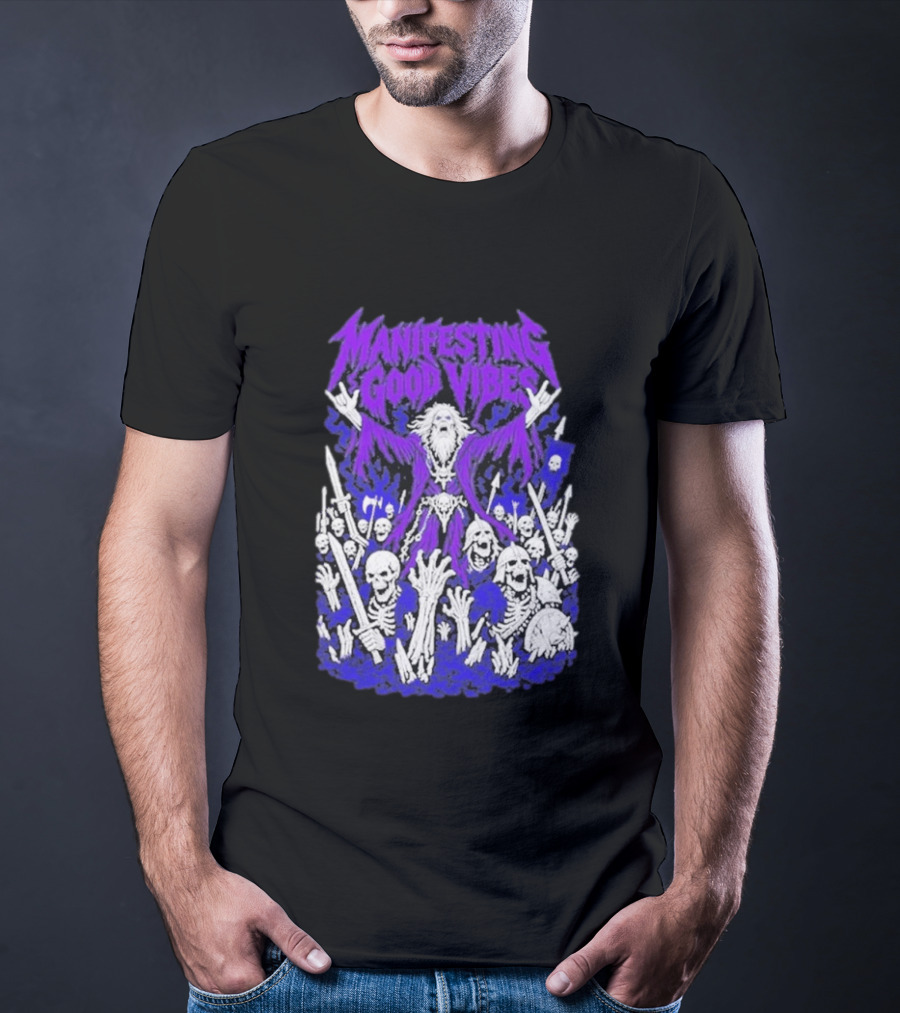Manifesting Good Vibes Necromancer Skeleton Wizard T-Shirt