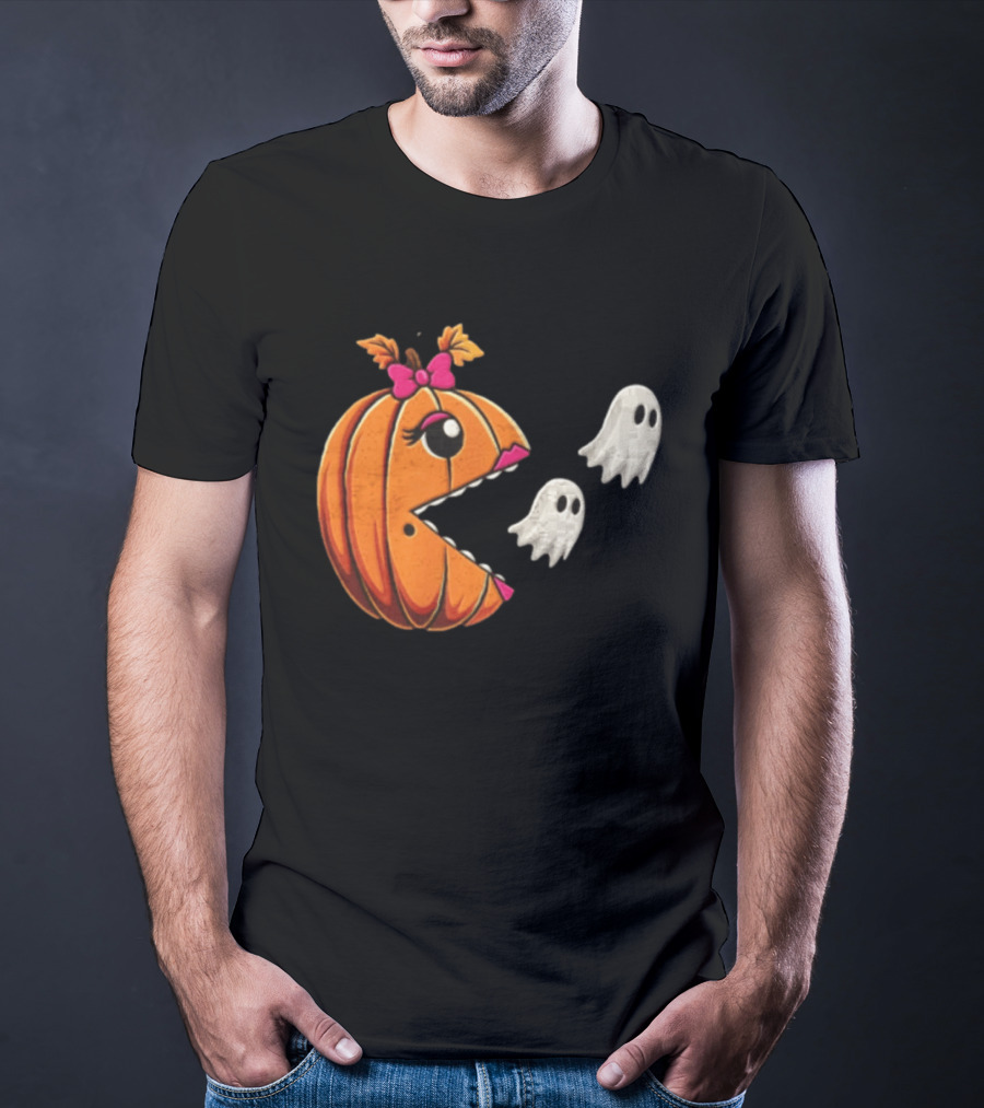 Ms Pac Man Pumpkin Shape Halloween Ghosts T-Shirt