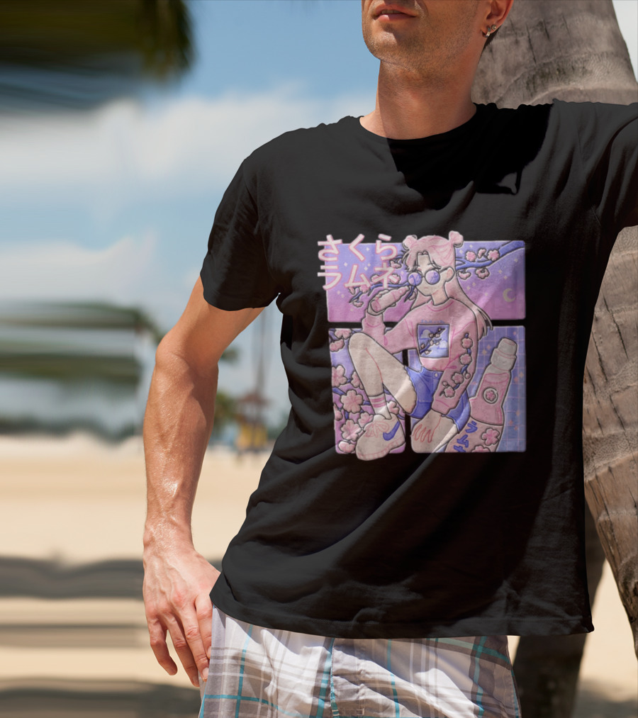 Anime Girl Drinking Pink Soda Sakura Blossoms Pastel Aesthetic T-Shirt