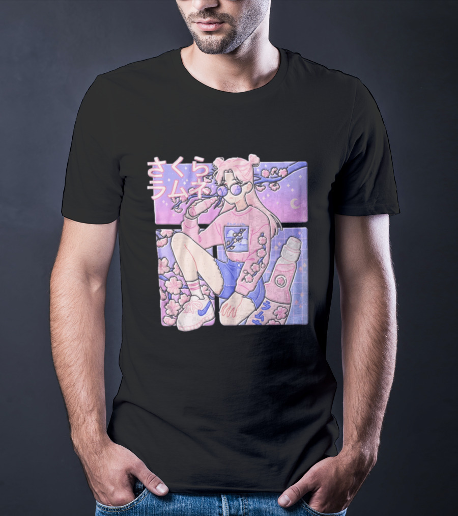 Anime Girl Drinking Pink Soda Sakura Blossoms Pastel Aesthetic T-Shirt