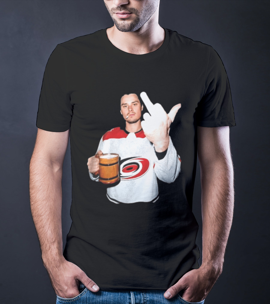 Sebastian Aho Carolina Hurricanes Wooden Beer Middle Finger Gesture T-Shirt