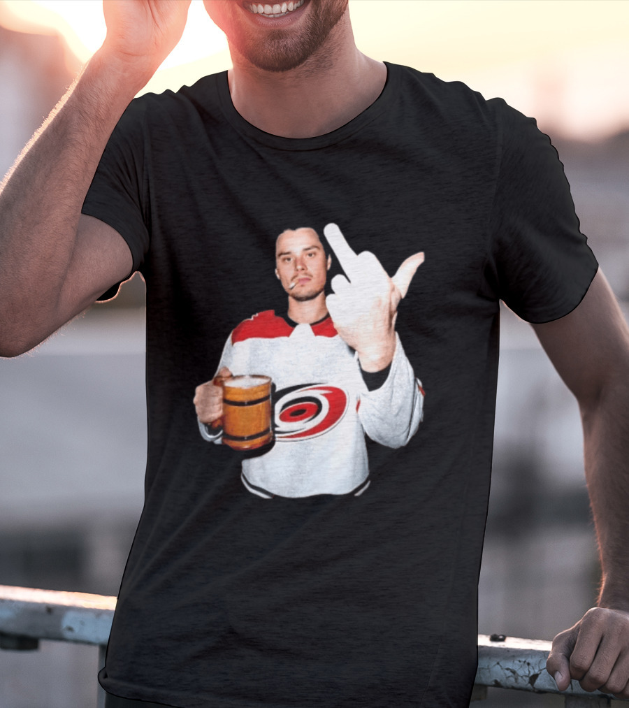 Sebastian Aho Carolina Hurricanes Wooden Beer Middle Finger Gesture T-Shirt
