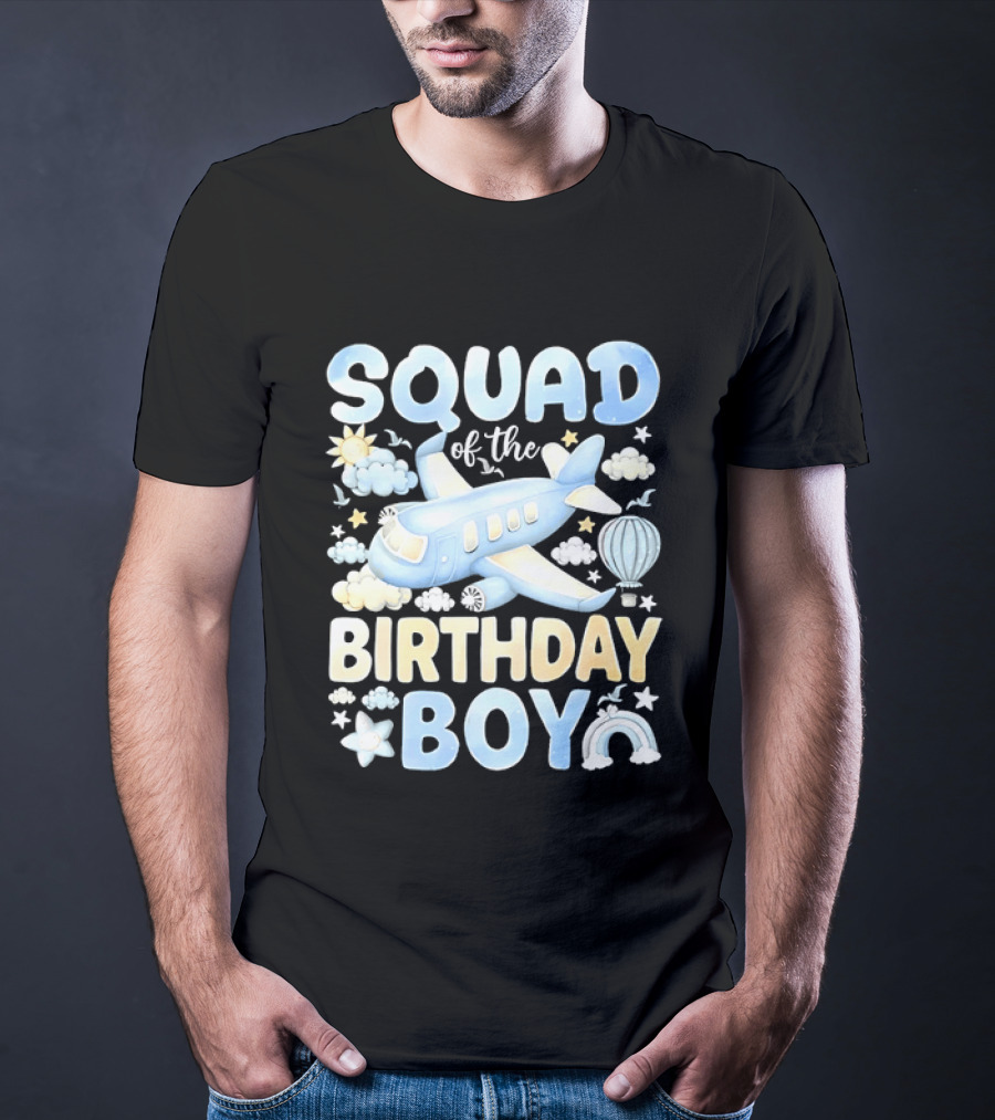 Squad Of The Birthday Boy Airplane Cloud Adventure With Stars And Balloons T-Shirt
