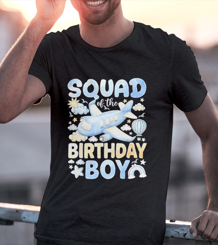 Squad Of The Birthday Boy Airplane Cloud Adventure With Stars And Balloons T-Shirt