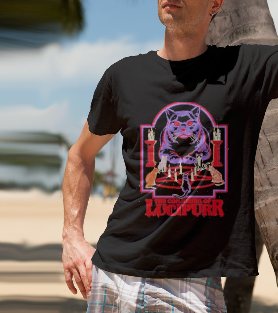 The Conjuring Of Lucipurr Cat Candle Pentagram Ritual T-Shirt