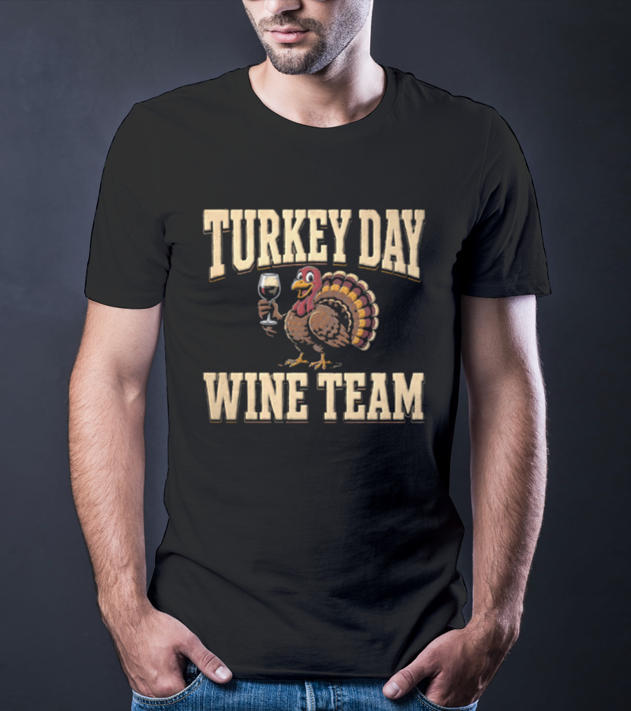 Turkey Day Wine Team Cartoon With Turkey Holding Wine Glass T-Shirt