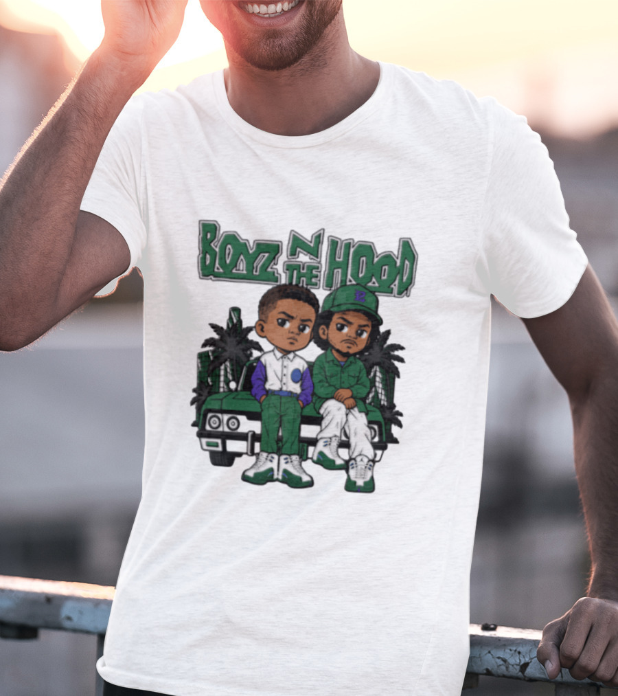 Boyz N The Hood Cartoon Boys Green Car Palm Trees T-Shirt